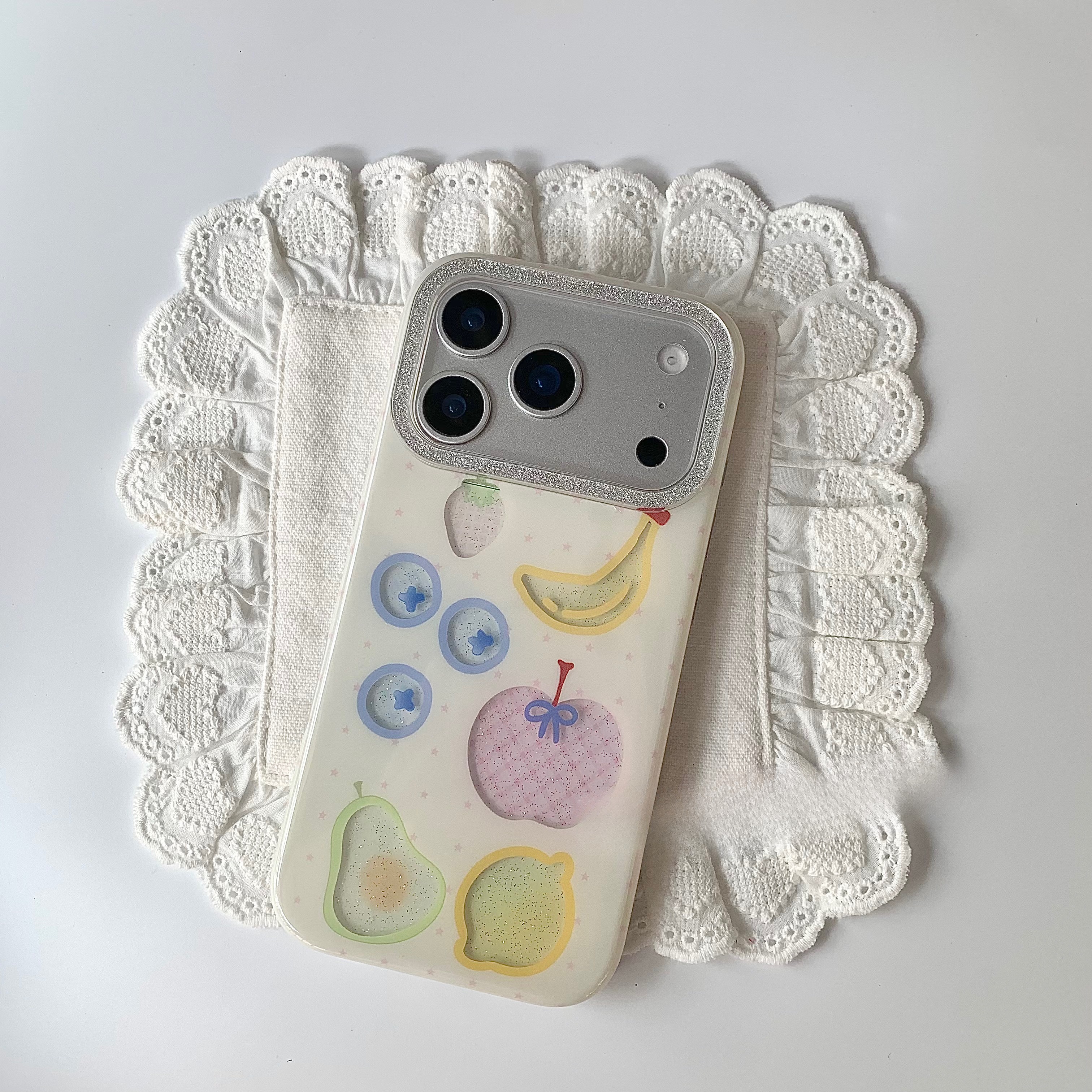 White Phone Case With Glitter Hollowed-out Fruit Design