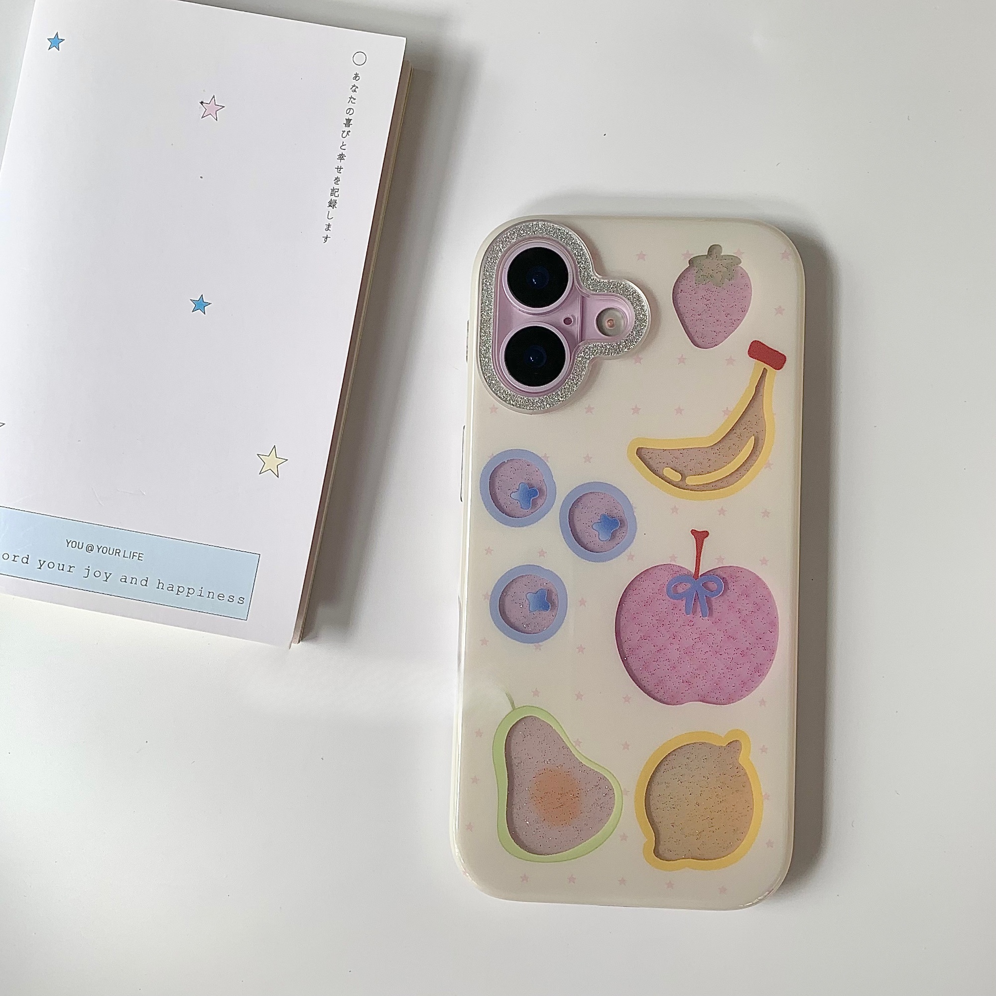 White Phone Case With Glitter Hollowed-out Fruit Design