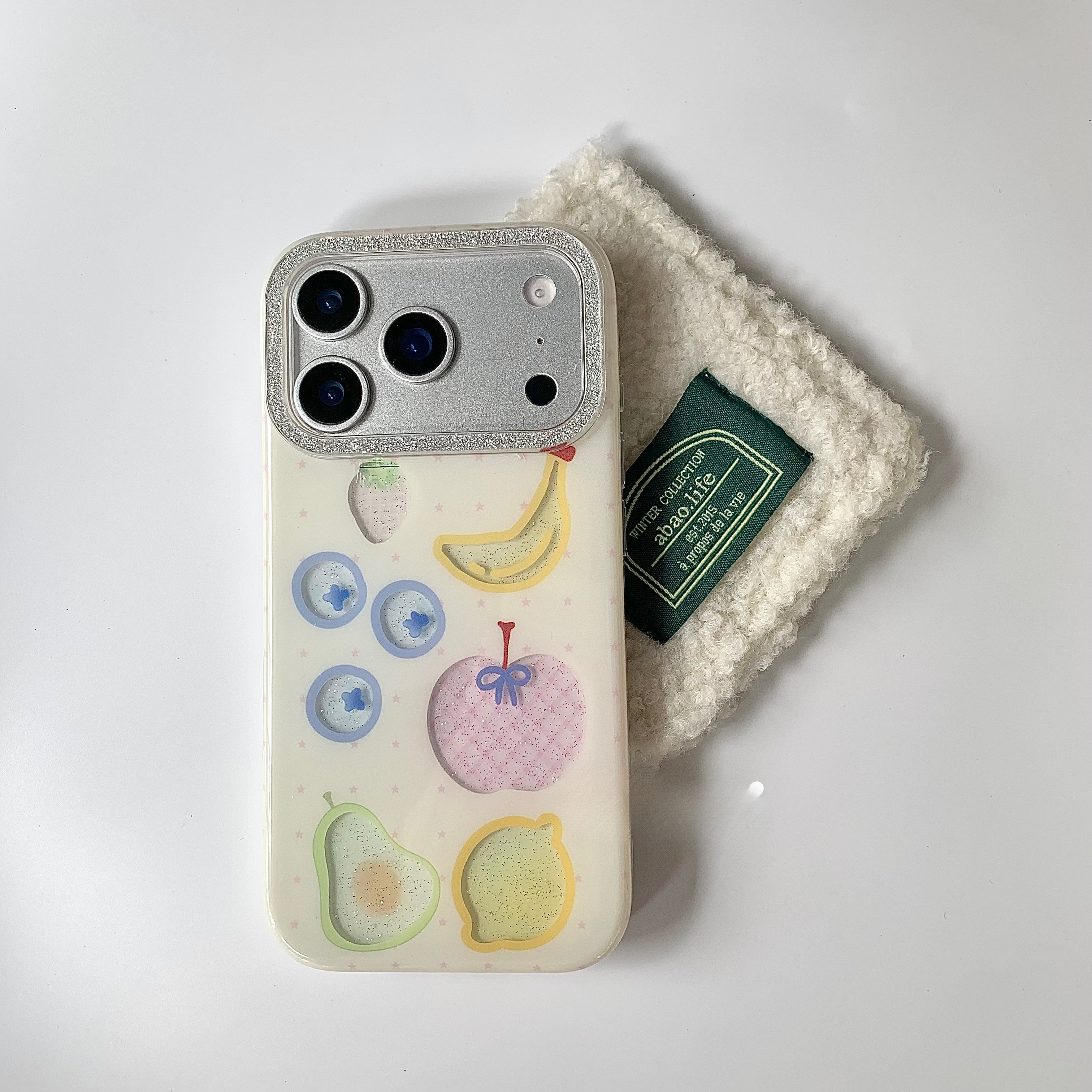 White Phone Case With Glitter Hollowed-out Fruit Design