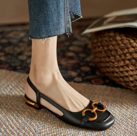 Sandals Women's Summer Closed Toe Chunky Heel Horsebit Buckle Low Heel Shoes - Black
