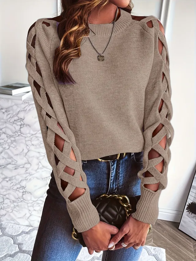 Women's Hollow Sweater Sweater Top Thin Spring Autumn Underwear Bottoming Shirt Khaki - Shop at LoveMi
