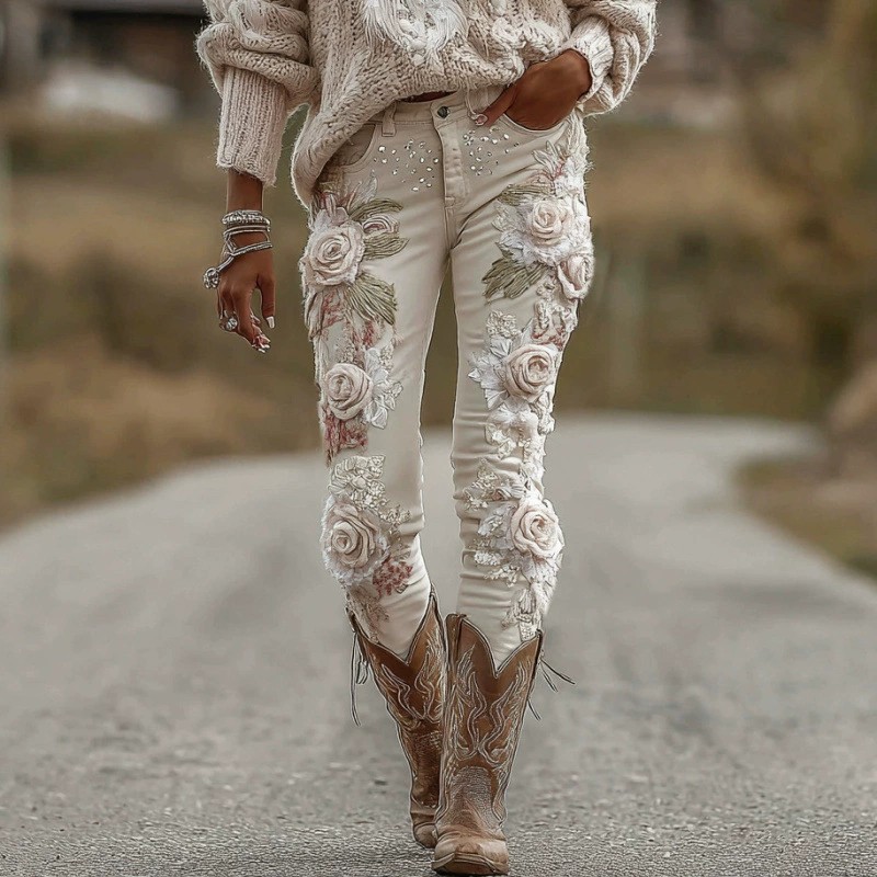 Womens Colorful Floral Faux Denim Pants