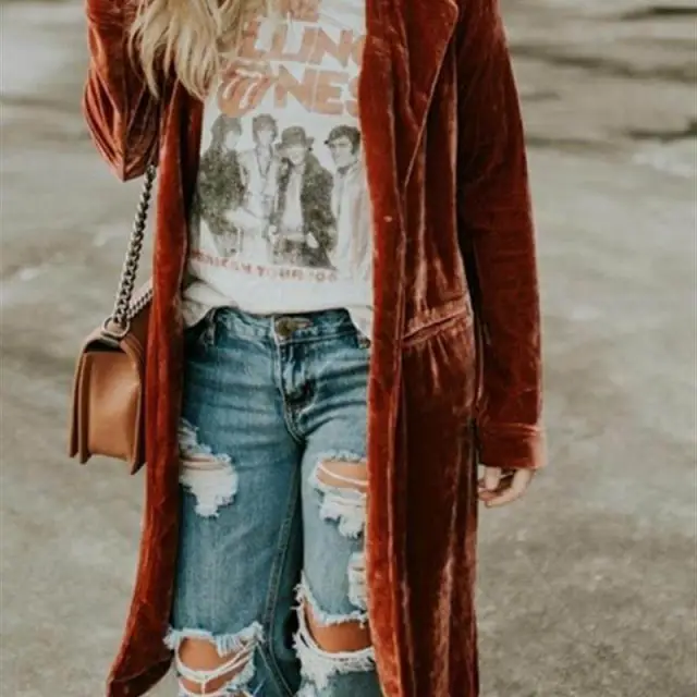 Womens European And American style Gold Velvet Loose Mid length Coat Gold - Shop at LoveMi