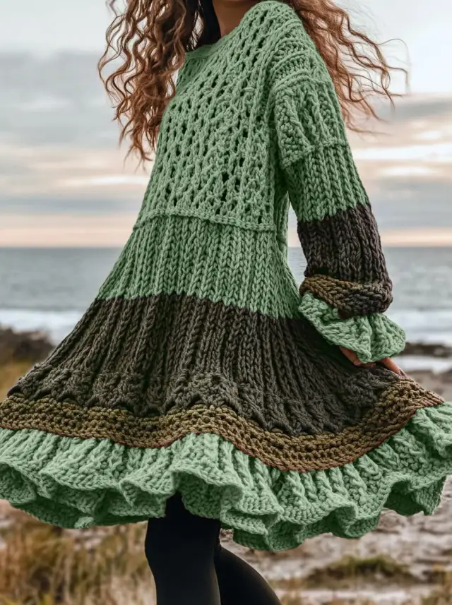 Womens Loose Versatile Retro Cable Knit Long Sleeve Dress Green - Shop at LoveMi