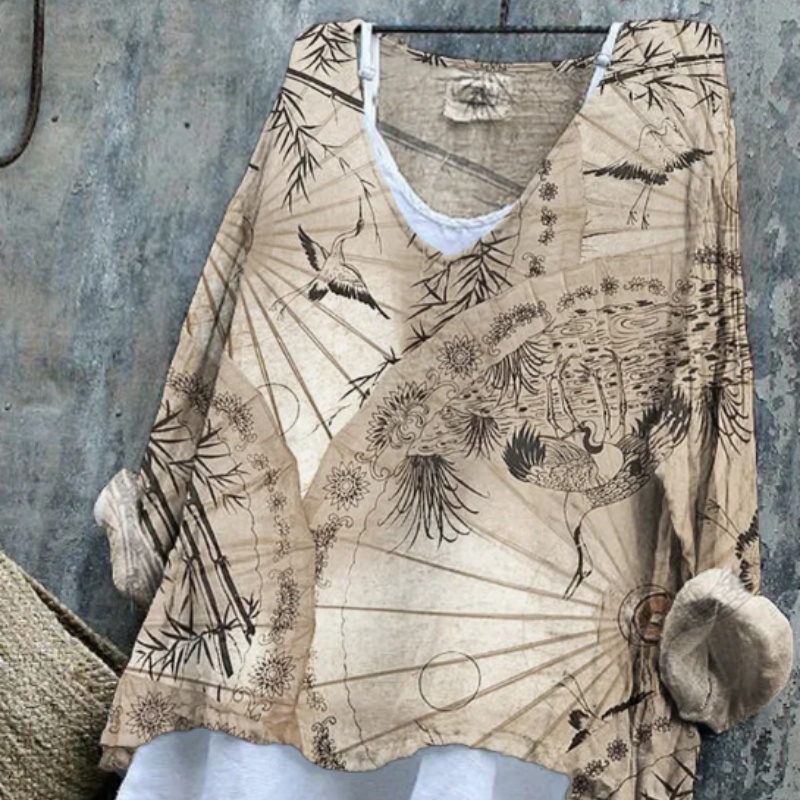 Women's Vintage Japanese Flower Crane Pattern Linen Blend Tunic