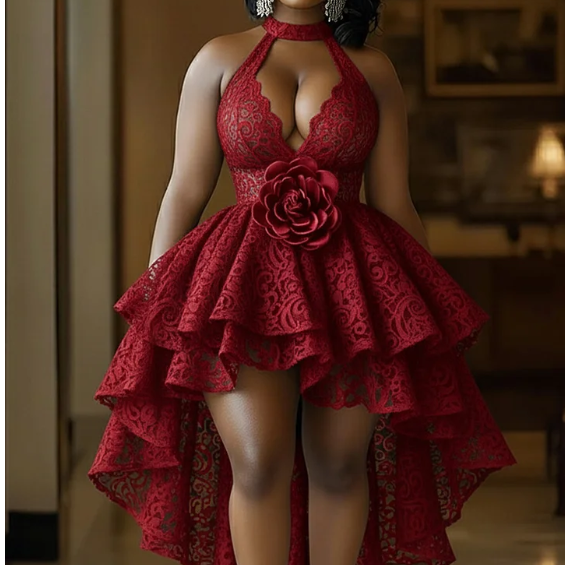 Halter V Neck Lace 3D Flower Party Maxi Mullet Dresses-Black