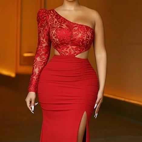 One Shoulder Lace Patchwork Cut Out Slit Party Maxi Dresses-Gold