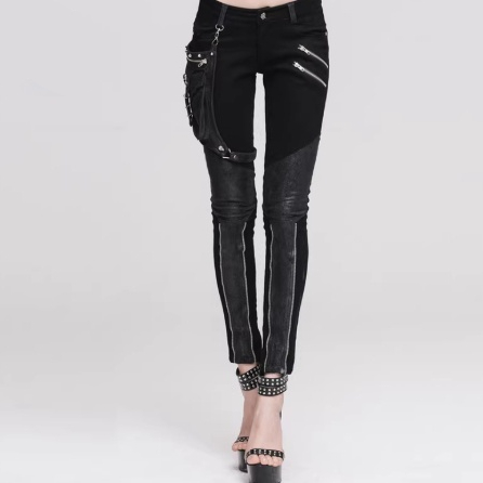 Street-style Punk And Western Rock Patchwork Solid-color Pencil Pants For Women