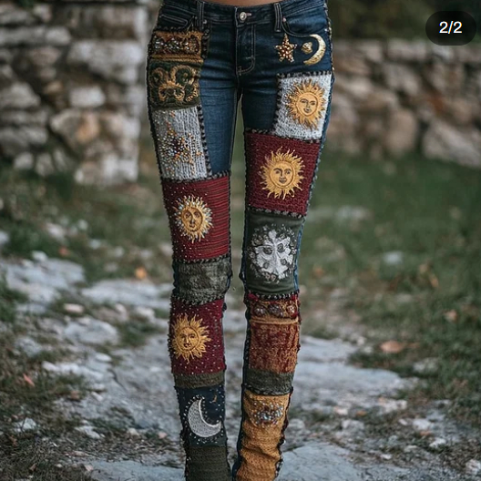 Vintage Moon  Sun Crochet Patchwork Skinny Jeans