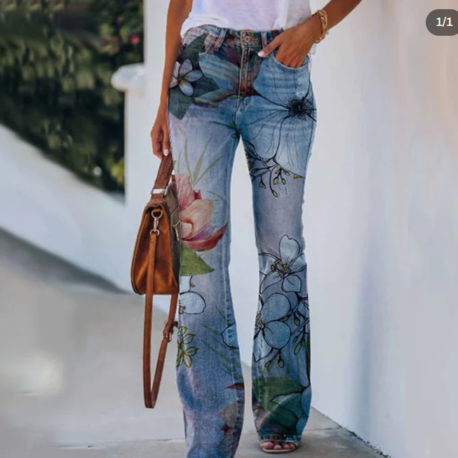 Classic Flared Floral Print Jeans