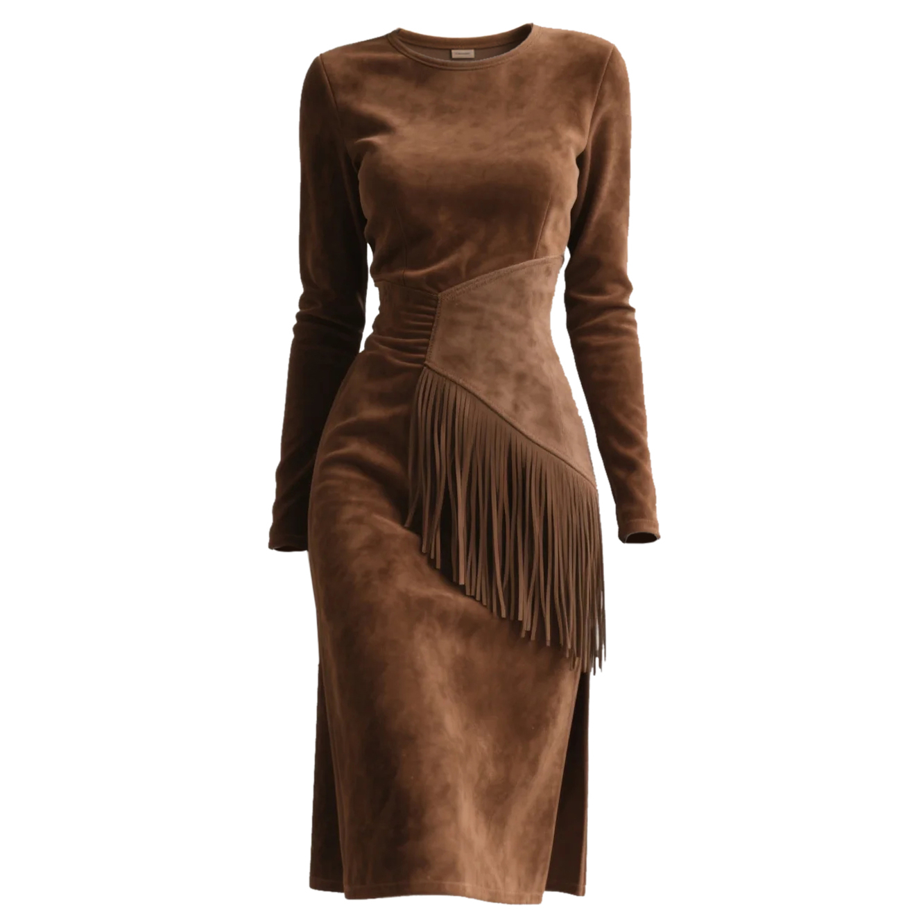 Outdoor Retro Western Style Women's Suede Tassel Long Sleeve Round Neck Dress