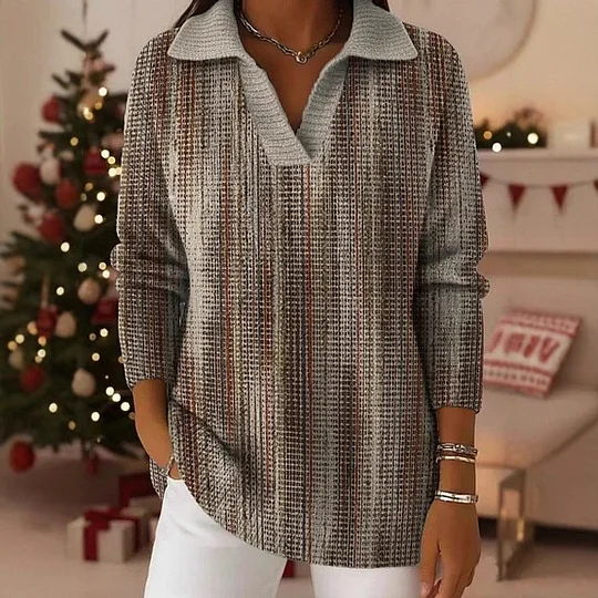 V-Neck Polo Collar Pullover Sweater Festive Christmas Holiday Knitwear Tunic Top