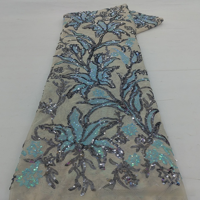 Two-tone Iridescent Lily Sequin Stretch Mesh Lace Fabric - Image 9