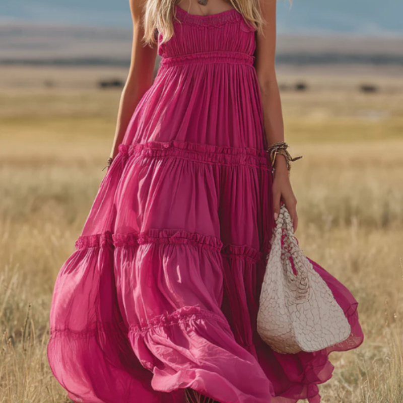 Western Retro Rose Red Chiffon Ruffled Sleeveless Maxi Dress