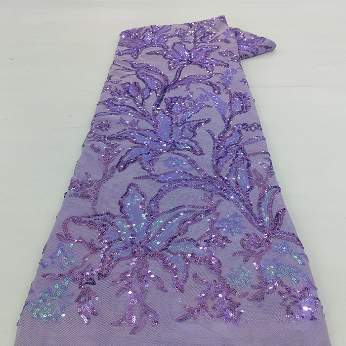 Two-tone Iridescent Lily Sequin Stretch Mesh Lace Fabric - Image 8