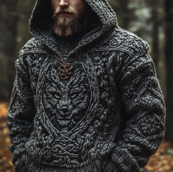 Mens Long-Sleeve Chunky-Knit Hooded Sweater