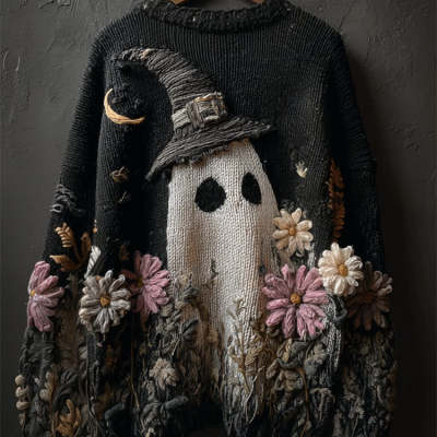 Womens 3D Digital Print Crew-Neck Loose Sweater