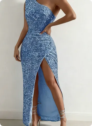 Elegant Sequined Shoulder Split Solid Color Dress