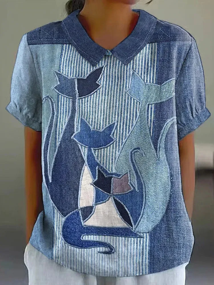 New Womens Short-sleeve Shirt With A Creative Vintage Floral Design - Blue