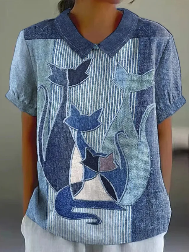 New Womens Short sleeve Shirt With A Creative Vintage Floral Design Blue - Shop at LoveMi