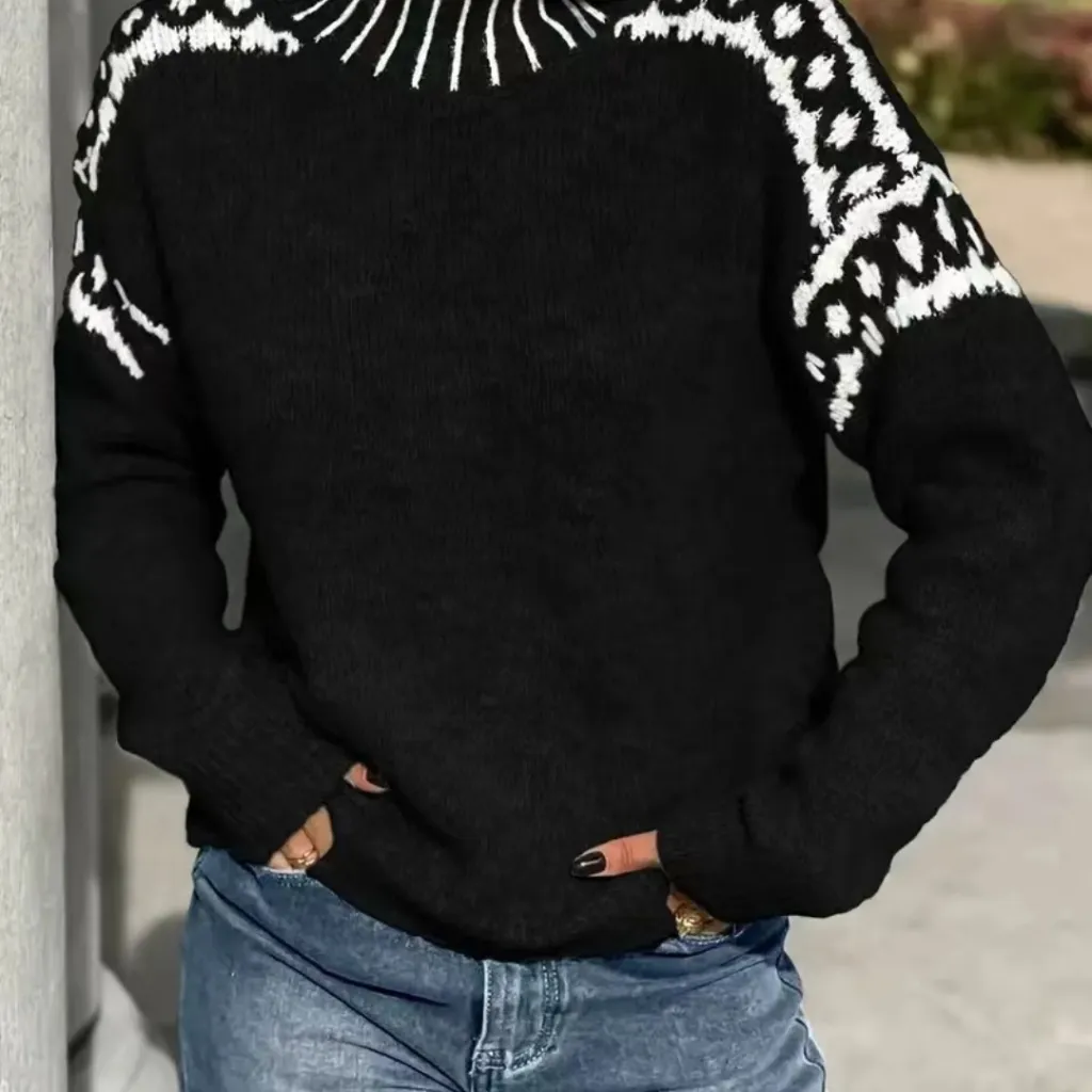 Women's Turtleneck Contrast Color Loose Pullover - Black