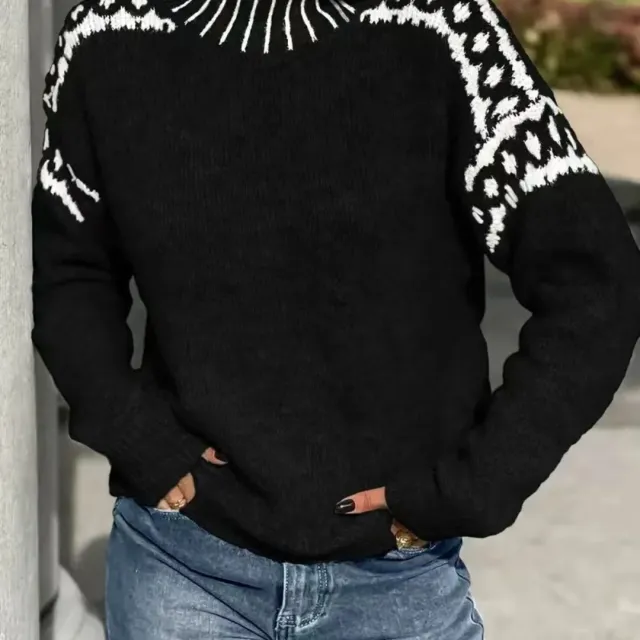 Women's Turtleneck Contrast Color Loose Pullover Black - Shop at LoveMi
