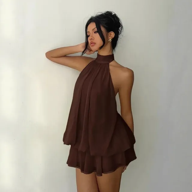 New design Asymmetric Halter neck Spicy girl Dress For Women Brown - Shop at LoveMi