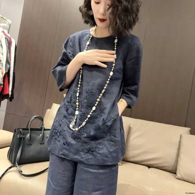 Womens Two Piece Set New Chinese Style 34 Sleeve Top With Wide Leg Pants Blue - Shop at LoveMi