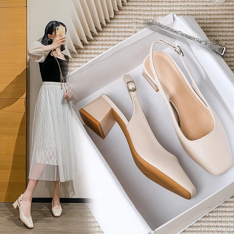 French-style Closed-toe Sandals For Women Mid- To Chunky Heel Summer Style - Apricot