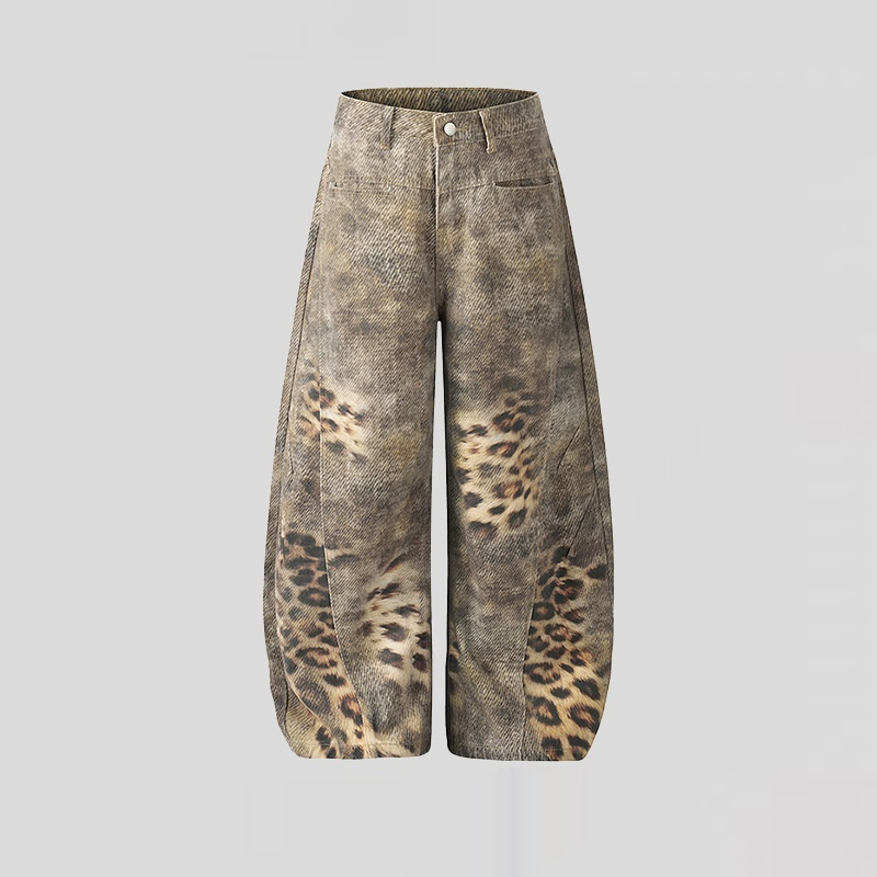 Womens American-Style Vintage Distressed Leopard-Print Wide-Leg Denim Jeans