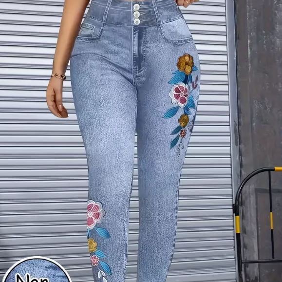 jean fleuri imprimé, faux denim floral, pantalon bleu clair femme, jean taille mi‑haute, slim floral jeans, pantalon aspect jean, jeans lavables en machine, pantalon casual féminin, denim fleurs couleur, Averiell denim