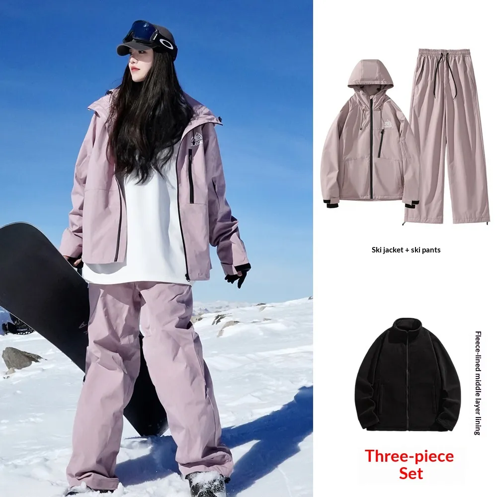 Waterproof Ski Suit Set Fleece-lined Warm Three-piece Set - Pink