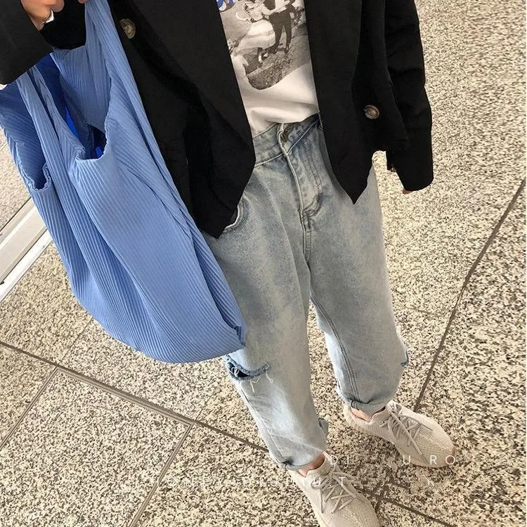Loose Korean-style New Cropped Pants For Students With A High Waist - Blue