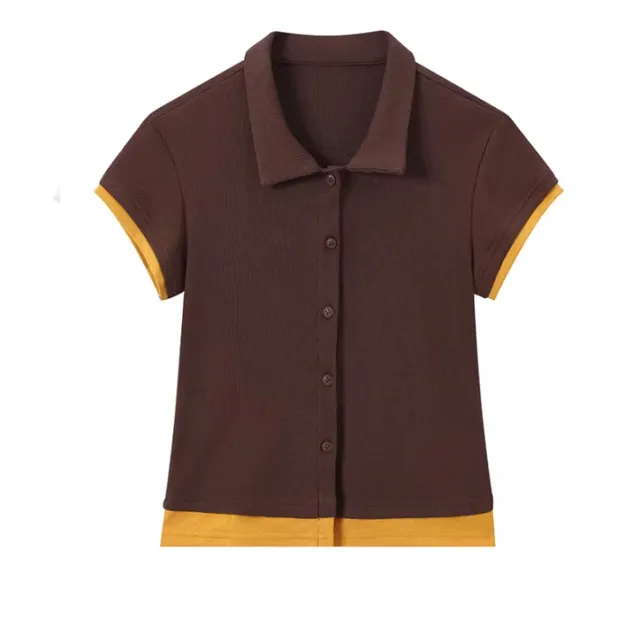 Womens Niche Coffee Colored Contrast Polo Neck Short Sleeve Top Red - Shop at LoveMi