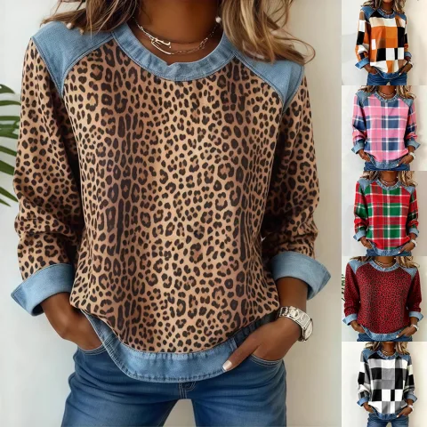Denim Patchwork Sweatshirt Fashion Unique Crewneck Pullover Long-sleeved Shirt