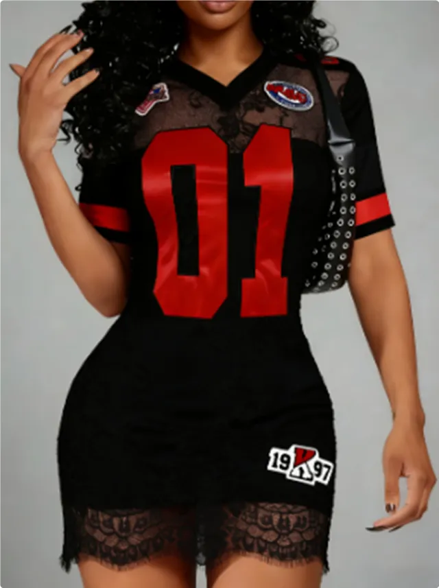 Women's Fashionable And Sexy Lace Embroidered Letter Short Sleeve Dress Black - Shop at LoveMi
