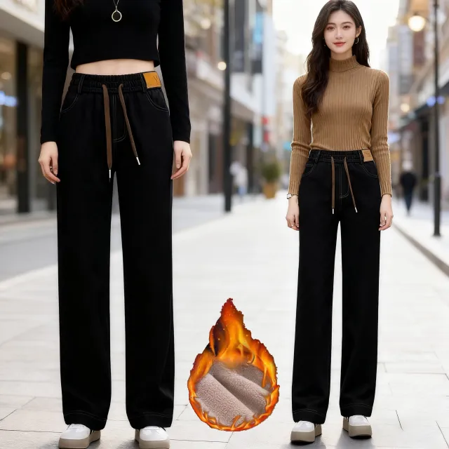 New Fleece Lined High Waist Straight Leg Denim Wide Leg Pants Black - Shop at LoveMi