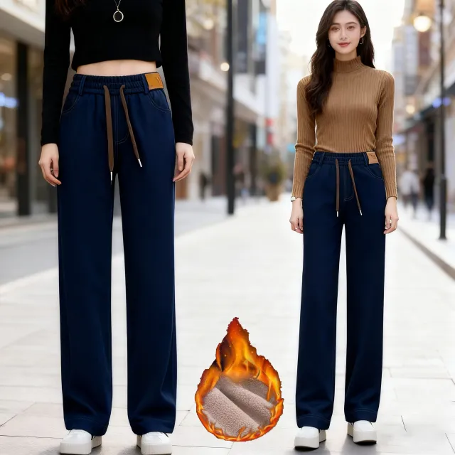 New Fleece Lined High Waist Straight Leg Denim Wide Leg Pants Blue - Shop at LoveMi