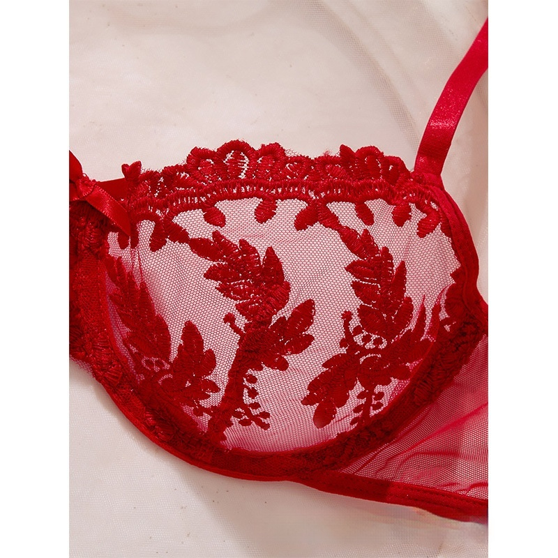 3-Piece Lace Embroidery Mesh Sexy Lingerie Bra Set
