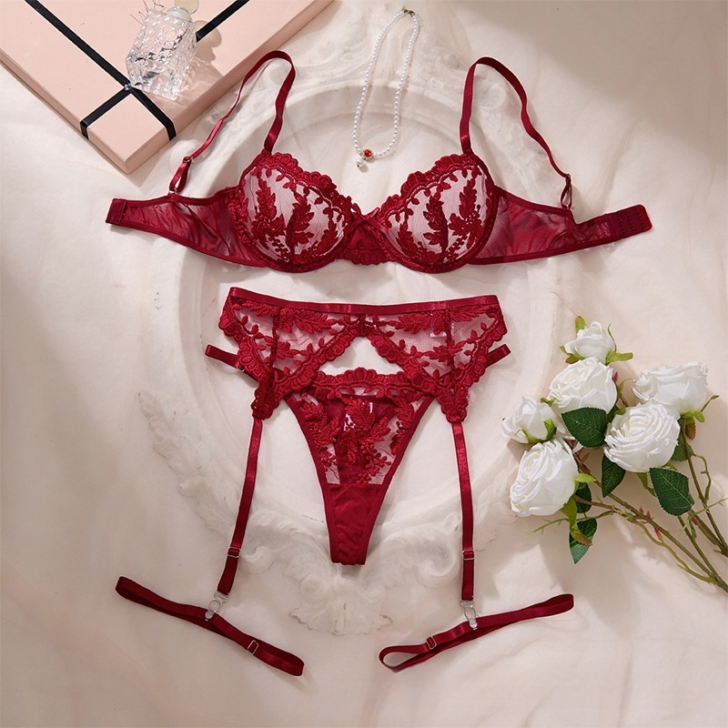 3-Piece Lace Embroidery Mesh Sexy Lingerie Bra Set