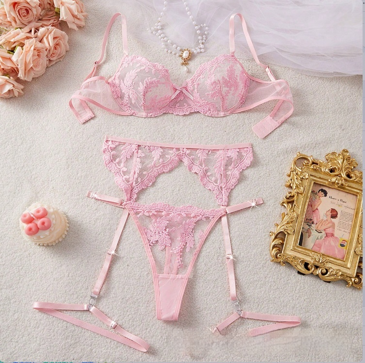 3-Piece Lace Embroidery Mesh Sexy Lingerie Bra Set
