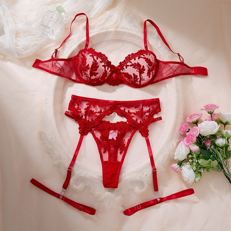 3-Piece Lace Embroidery Mesh Sexy Lingerie Bra Set