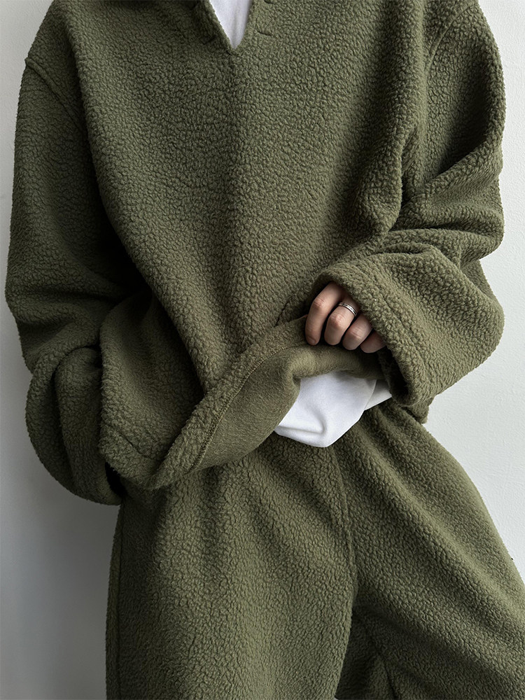 Lazy And Relaxing Army Green Collar Particle Velvet Men's Set