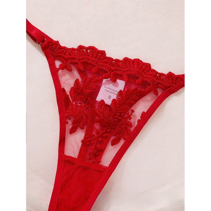 3-Piece Lace Embroidery Mesh Sexy Lingerie Bra Set