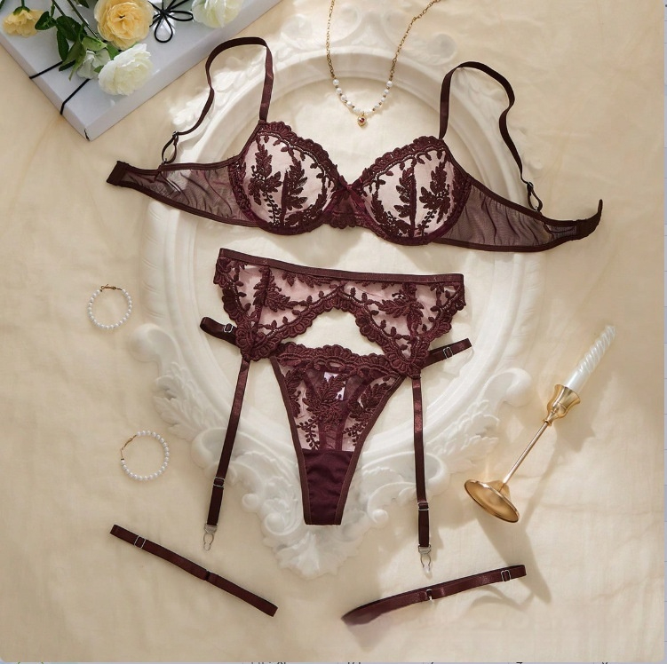 3-Piece Lace Embroidery Mesh Sexy Lingerie Bra Set