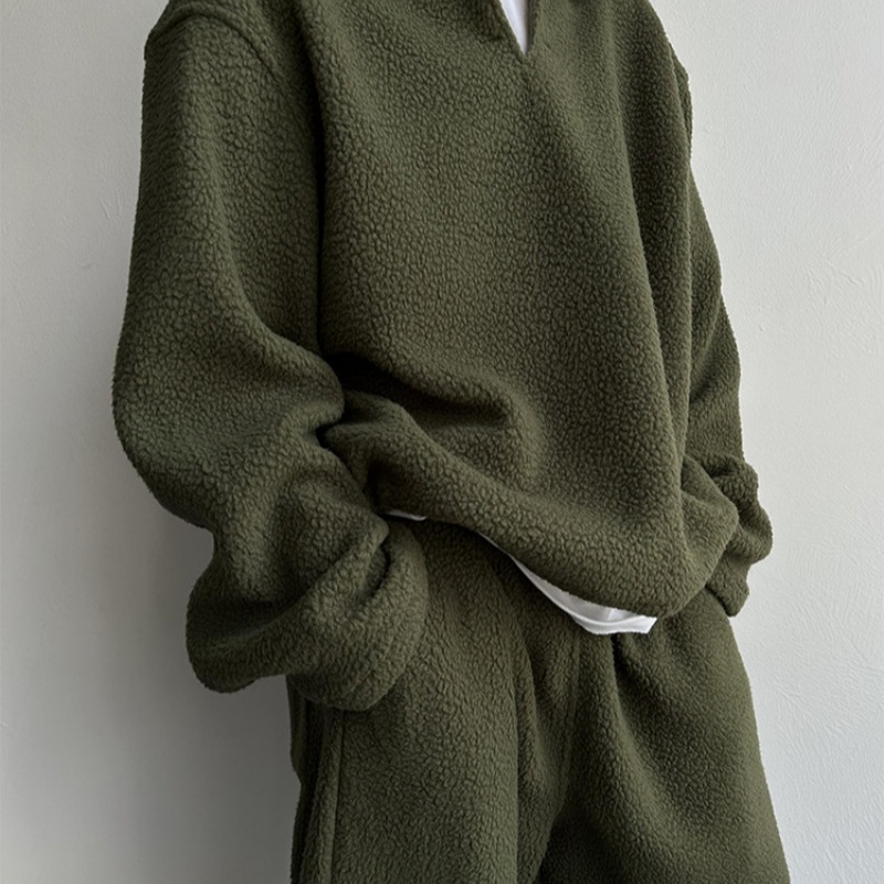 Lazy And Relaxing Army Green Collar Particle Velvet Men's Set
