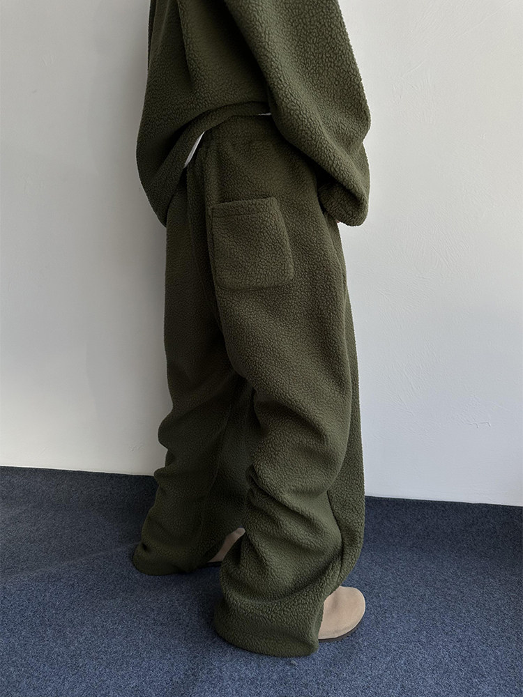 Lazy And Relaxing Army Green Collar Particle Velvet Men's Set