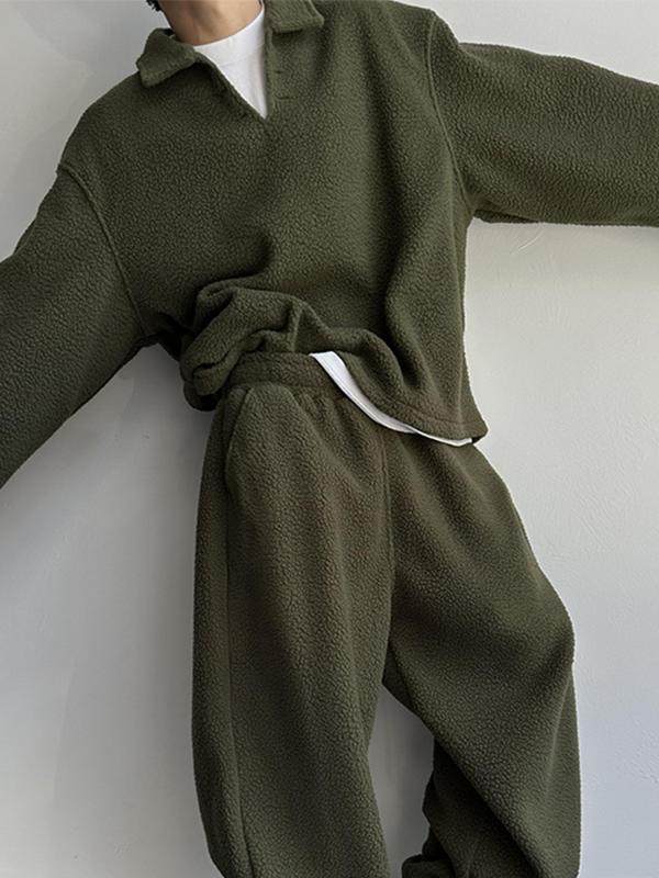 Lazy And Relaxing Army Green Collar Particle Velvet Men's Set