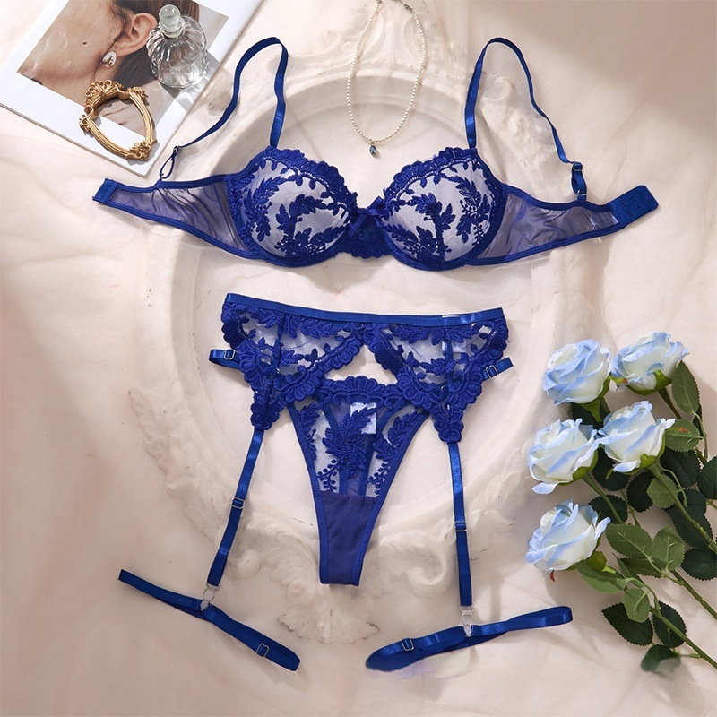 3-Piece Lace Embroidery Mesh Sexy Lingerie Bra Set