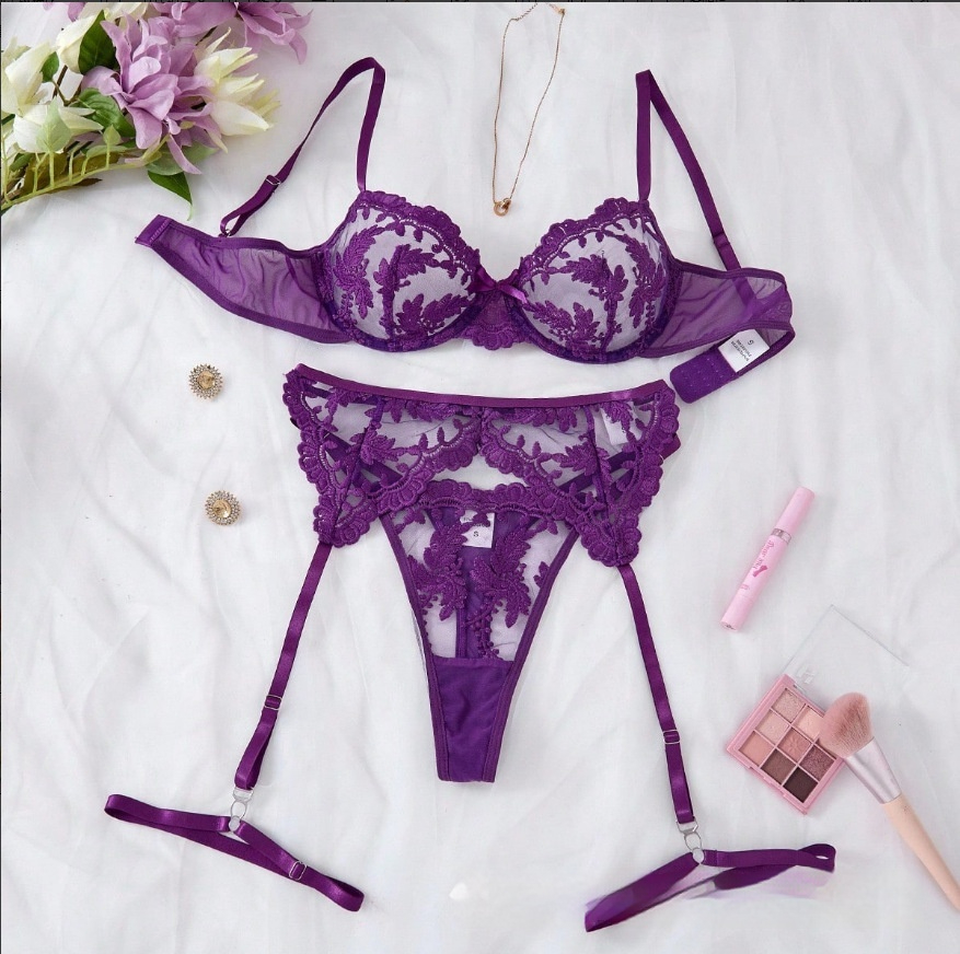 3-Piece Lace Embroidery Mesh Sexy Lingerie Bra Set